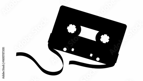 Black silhouette of a cassette tape with visible reels and loose tape on a white background design element