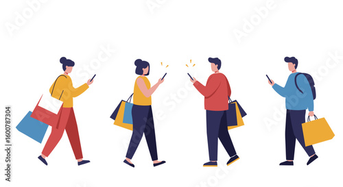 People Shopping and Using Smartphones Vector Illustration.