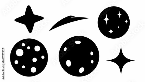 Illustration of black celestial bodies including stars moons and a comet on a white background space theme