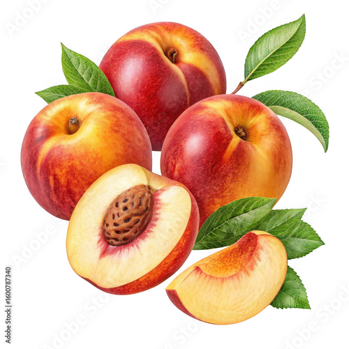 Vibrant ripe nectarines with green leaves isolated on transparent background