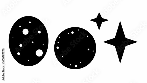 Illustration of two planets with craters and two four pointed stars in a simple black and white style design
