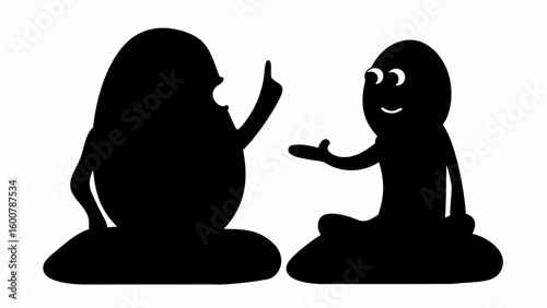 Two cartoonish figures in silhouette engaging in a discussion with expressive hand gestures shown here