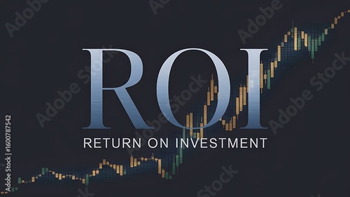 Roi text with return on investment phrase over a financial stock market chart background illustration