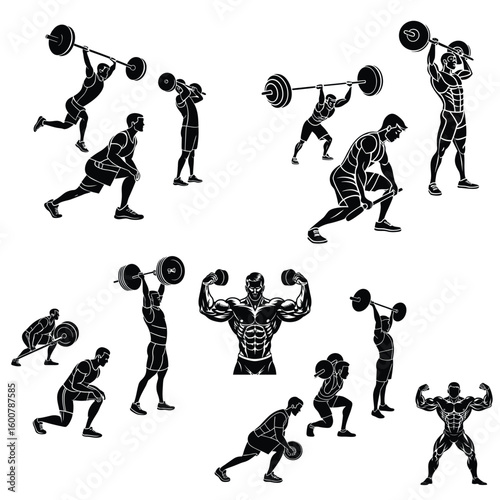 A seamless pattern showcasing various male figures performing weightlifting exercises.