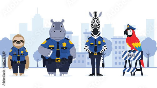 flat vector of character animal as a police officer, sloth, hippopotamus, zebra, parrot