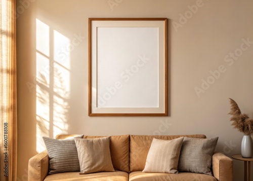 Frame mockup, Empty frame on a cozy sofa against a warm, sunlit wall.