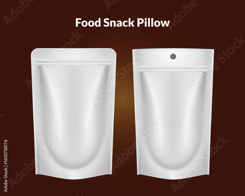  Food snack pillow bag. Vector illustration on dark t background. Packaging mockup ready for your design. Can be use for schips, snack, coffee, tea, salt, flour and etc. EPS10.
