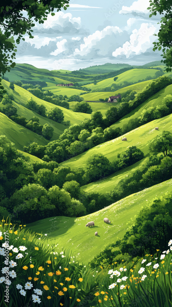 Fototapeta premium Soft hills covered in lush grass with sparse tree coverage wallpaper