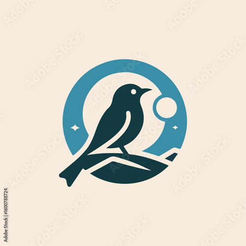 Stylized silhouette of a bird perched on a branch under a crescent moon