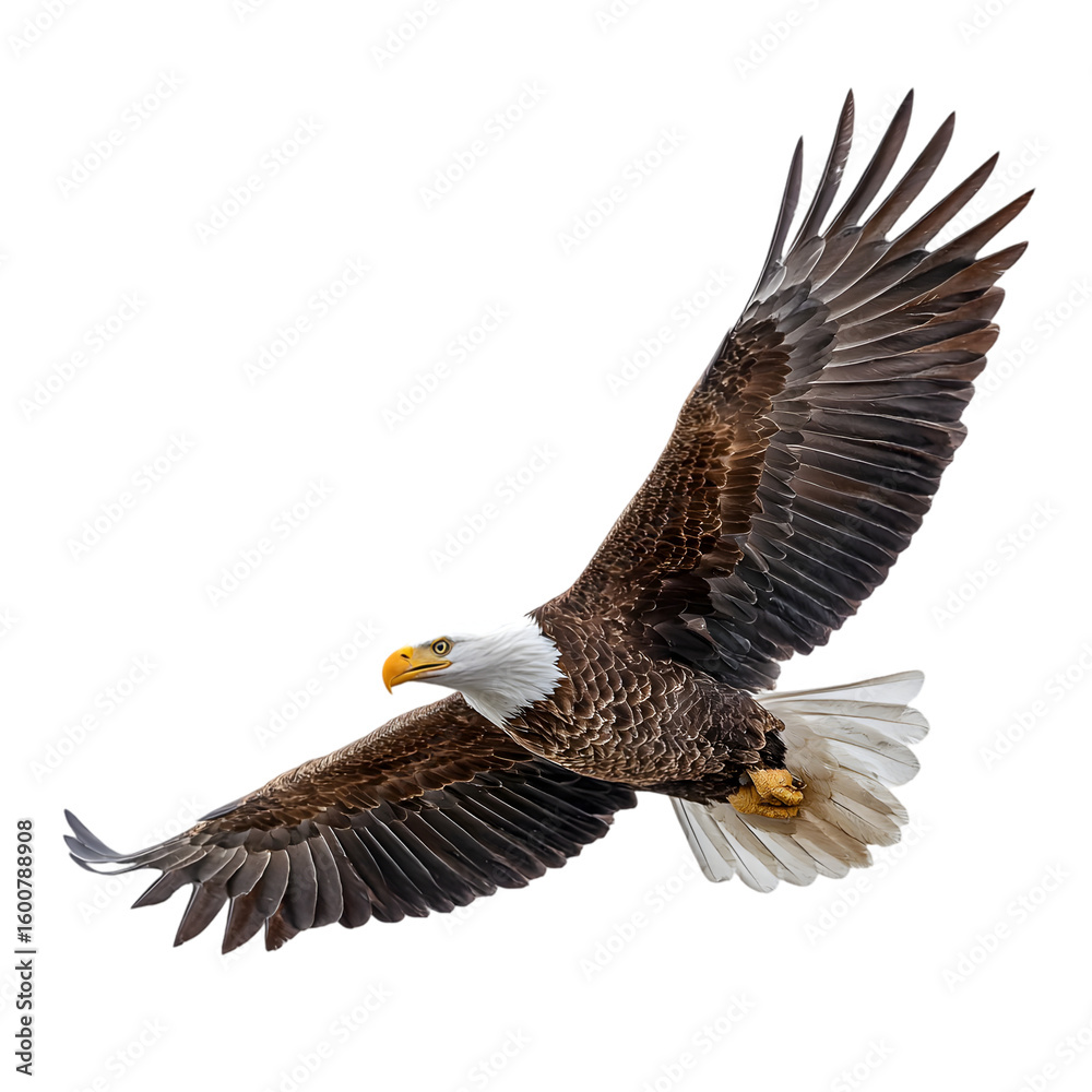 Naklejka premium Majestic bald eagle in flight with wings spread wide isolated on transparent background