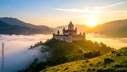 Majestic castle perched atop a hill, enveloped in a sea of morning mist, with mountains in the background bathed in golden sunlight