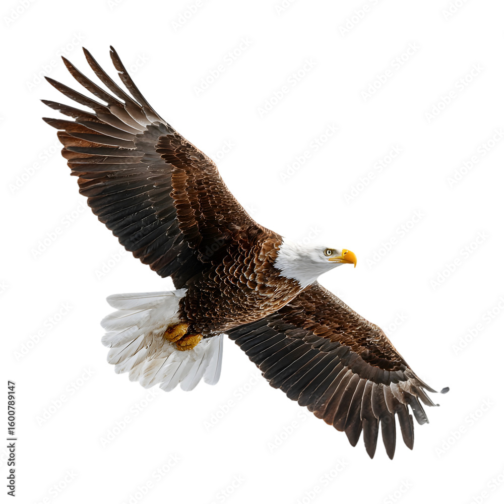 Fototapeta premium Majestic bald eagle in flight with wings spread wide isolated on transparent background