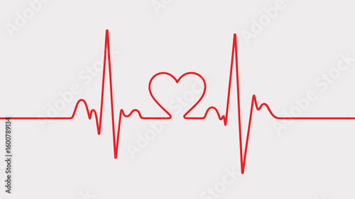 Heart-Shaped ECG Line — Red Electrocardiogram Pulse Forming a Heart Symbol on Gray Background Representing Medical Care and Love