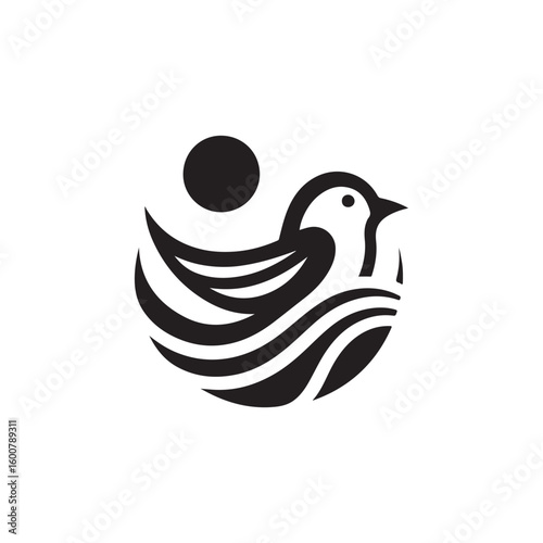 Stylized black and white bird silhouette floating on wavy water under a sun