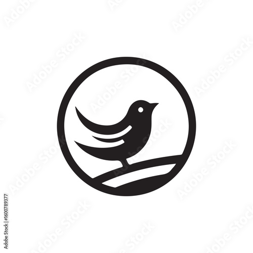Simple black silhouette of a bird perched on a branch inside a circle