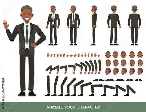 Businessman wear grey suit character constructor. Flat design vector kit with poses and emotions for animation and explainer videos.