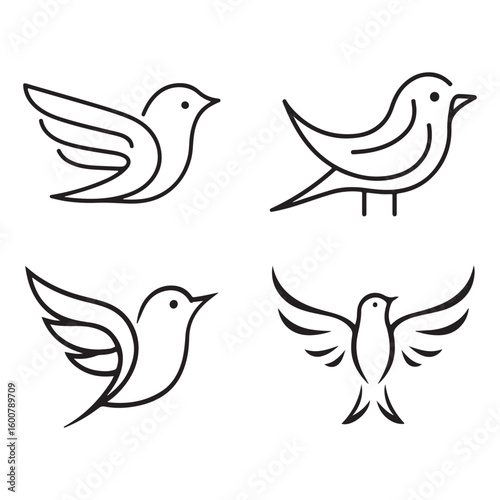 Four simple line art drawings of birds in various flying and perching poses