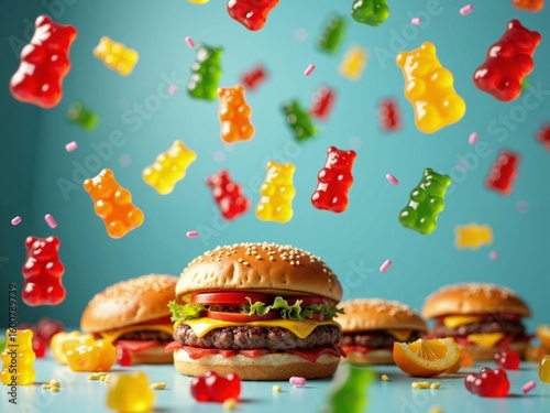 Hamburger surrounded by falling gummy bear candies