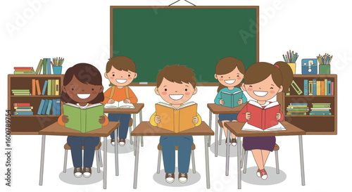 Cheerful Children Reading Books in Classroom Setting.