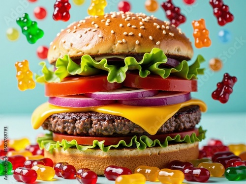 Hamburger surrounded by falling gummy bear candies