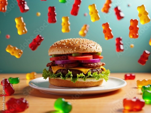 Hamburger surrounded by falling gummy bear candies