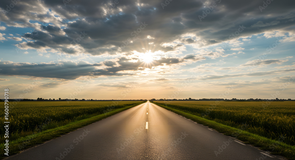 Fototapeta premium Road to the Horizon: Scenic Asphalt Highway at Sunset high quality