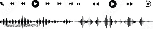 Black audio waveforms and media player icons sound music