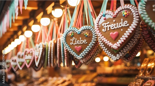 Close-up of Oktoberfest heart-shaped gingerbread cookies with German messages hanging in a stall, tradition, color image, germany, german culture, heart shape, beer festival, munich