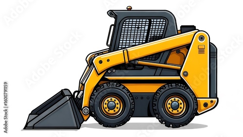 Detailed cartoon illustration of a yellow and black compact skid steer loader, isolated on a white background.