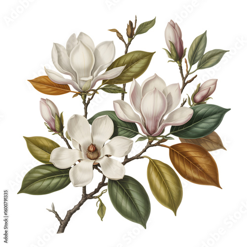 Elegant Magnolia Blossom Botanical Illustration Floral Art Print isolated on transparent background