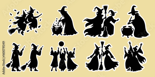Black silhouettes of witches in hats and cloaks with brooms and cauldrons vector collection