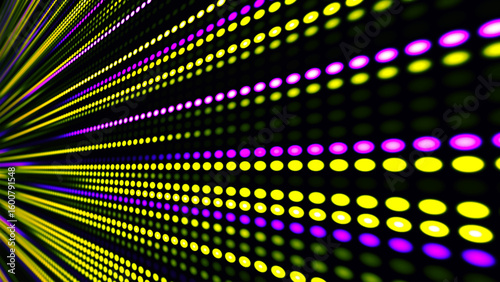 Digital flow. Light dynamics and pixel energy. The illustration shows a bright LED panel where bright multi-colored stripes create the effect of movement and energy. Vector illustration.