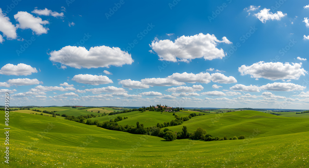 Fototapeta premium Rolling Green Hills Under a Sunny Blue Sky with Clouds high quality