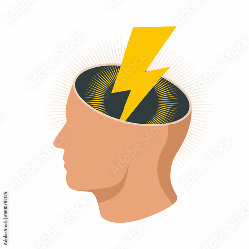 Lightning bolt striking a human head symbolizing brainstorm or idea generation isolated on white background