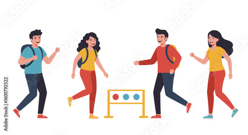 Cheerful Group of People Walking with Backpacks.