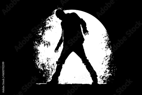 Dynamic Silhouette Dance Performance Under Moonlight at Night, Black and White Graphic Art