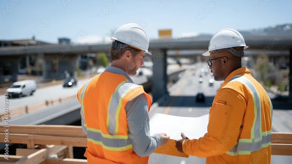 Engineers conduct thorough inspections of highway overpass construction for safety and compliance. Engineers conduct thorough inspections of highway overpass construction for safety and compliance.