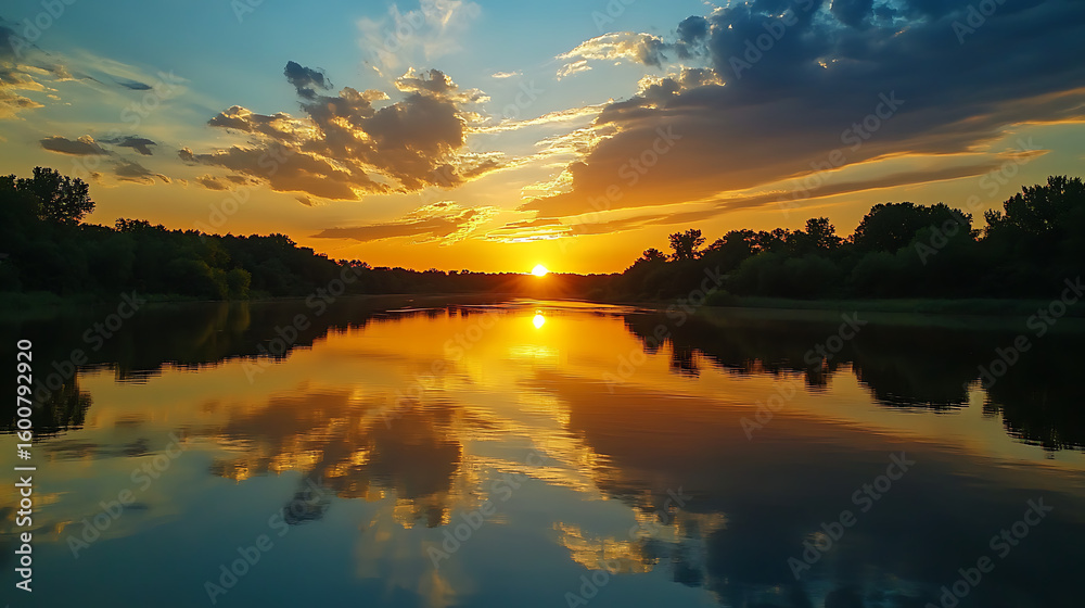 Obraz premium A tranquil moment watching the sunset mirrored in the water on a midjourney evening