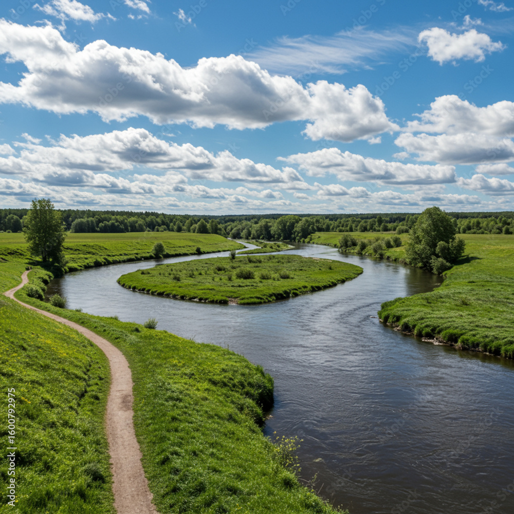 Scenic River Landscape with Winding Water Path and Blue Sky in High Detail 8k. Scenic River Landscape with Winding Water Path and Blue Sky in High Detail 8k.