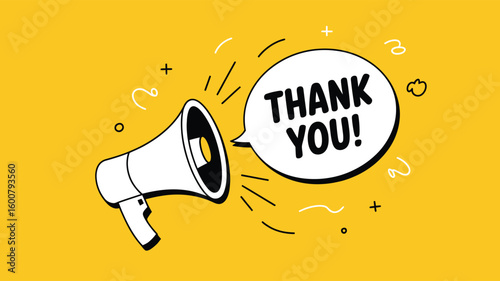 Playful “Thank You” Megaphone Illustration — White Bullhorn on Yellow Background with Speech Bubble, Sound Waves, and Fun Decorative Elements
