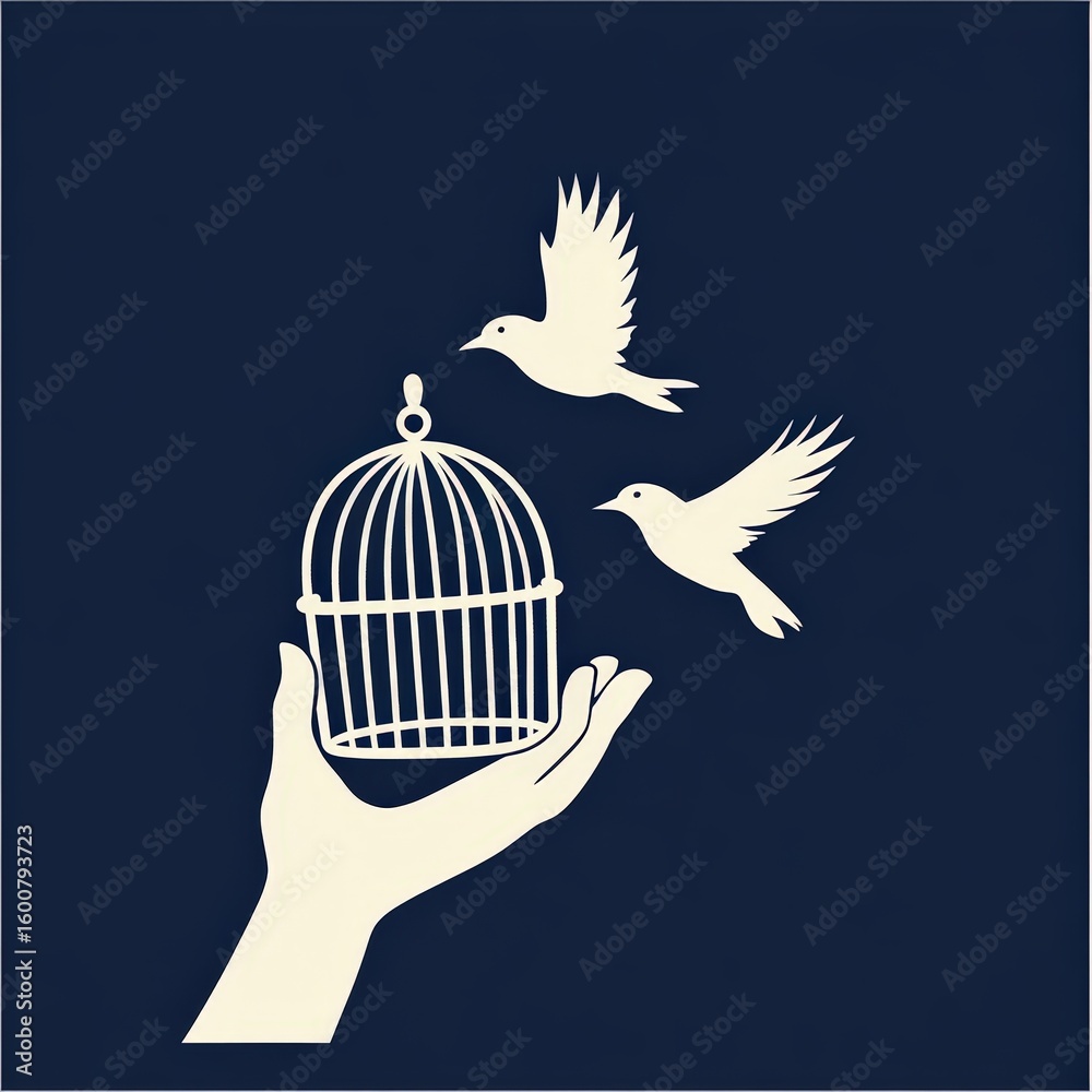 Fototapeta premium A minimalist illustration of a hand releasing a bird to fly free above an open birdcage. The white on dark blue design symbolizes letting go, peace, compassion, and granting freedom
