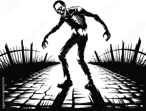 Spooky Skeleton Walking on Abandoned Path, East Cemetery, Digital Illustration, Dark Atmosphere, Side View, Horror Concept