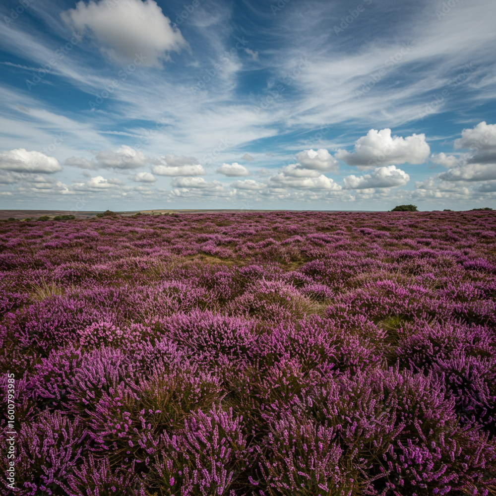 Obraz premium Vibrant Heathland Vista: Low-Lying Vegetation Under a Blue Sky, High Detail. 
