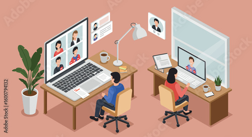 Isometric Illustration of People in Video Conference Meeting.