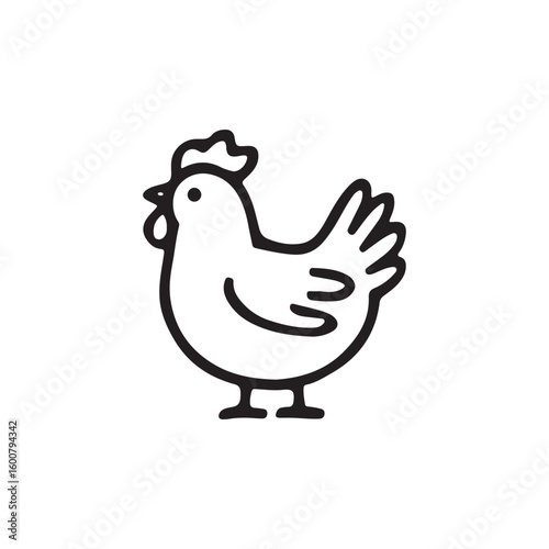 Simple black and white outline drawing of a cute cartoon chicken