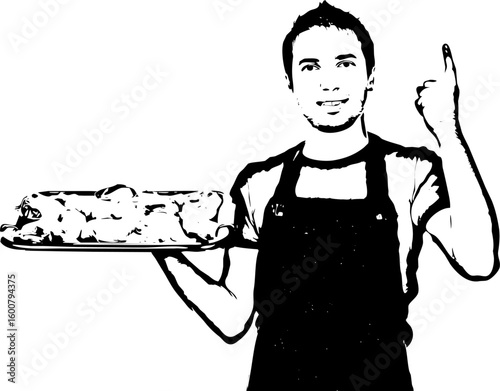 Butcher holding meat and pointing up
