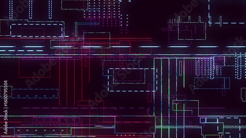 A processor chip on a printed circuit board, digitalization of neural networks and cloud computing. Multi-colored lines - outline the contours of complex digital circuits. Electronic computing technol