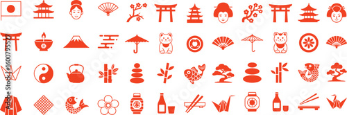 Japanese Cultural Icons Collection Featuring Torii Gates Pagodas Geishas Fans and Koi Fish