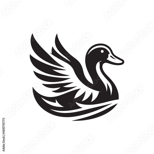 Stylized black and white tribal tattoo design of a majestic duck with spread wings