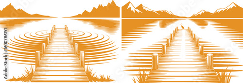 Orange mountain landscape with wooden pier and water reflections vector silhouette